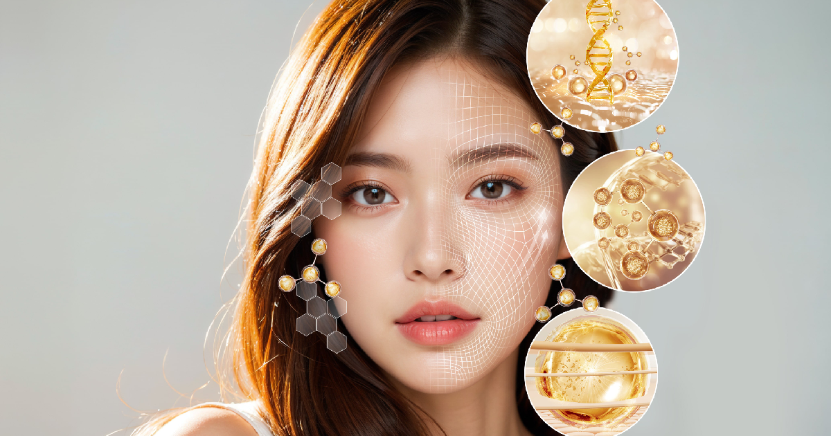 Young woman with glowing skin and digital facial graphics, showcasing Sculptra skincare or aesthetic treatment benefits, including collagen and cellular regeneration icons in Hastings, NE.