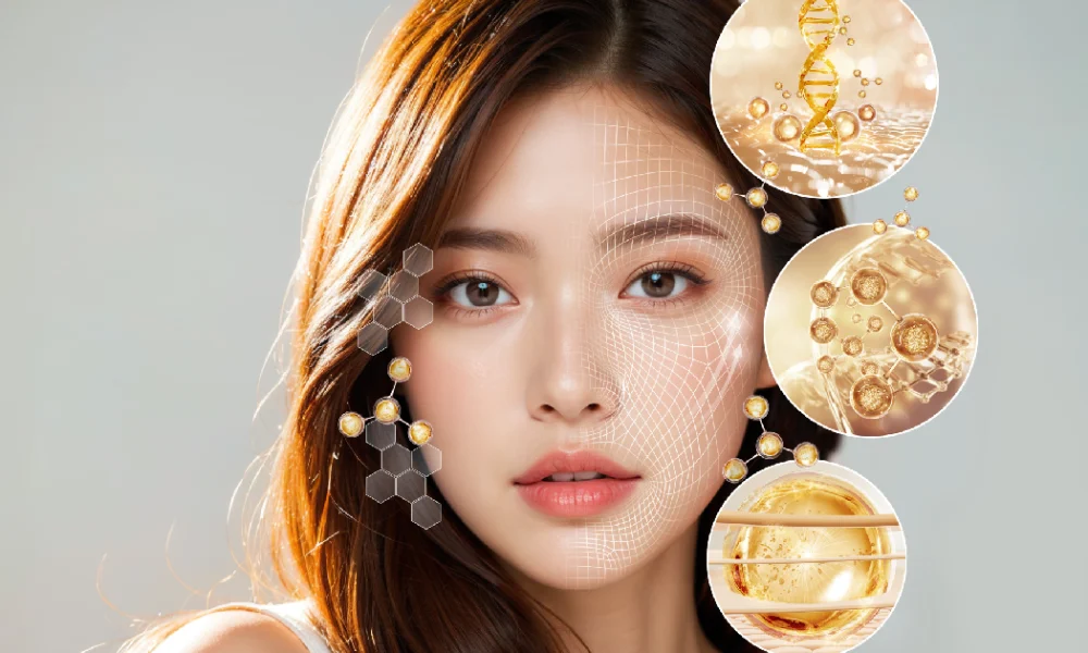 Young woman with glowing skin and digital facial graphics, showcasing Sculptra skincare or aesthetic treatment benefits, including collagen and cellular regeneration icons in Hastings, NE.